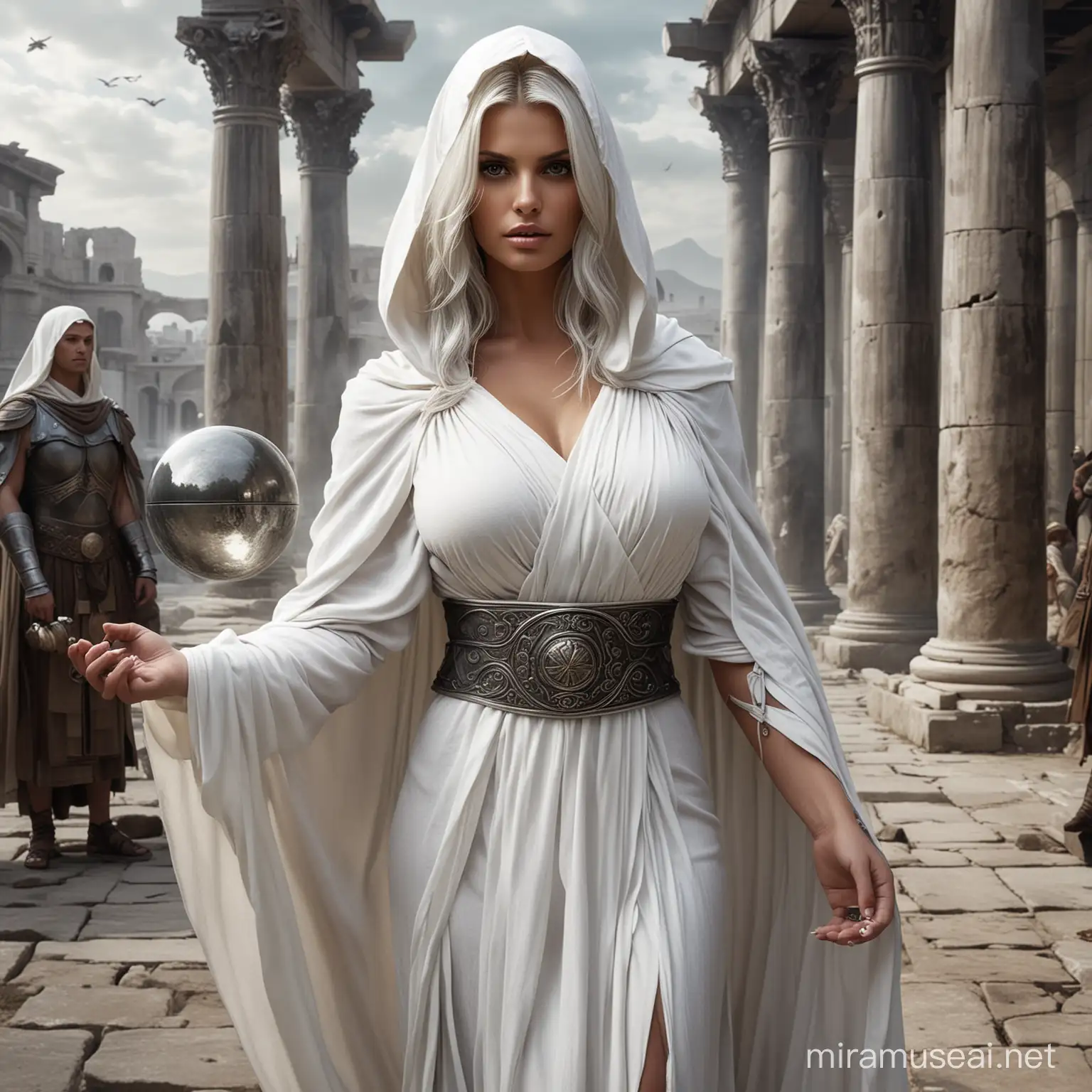  female Aasimar, muscular build, face looks like jessica simpson, long dark gray hair, holding an opaque dark orb in both hands, wearing a white long ancient roman toga with cape and hood, silver waistband, roman sandles, medieval battlefield in background, digital art