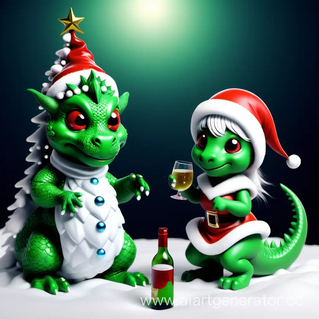Зелёный, симпатичный, дракончик.новогодняя ёлка. Пьяный дед мороз с пьяной в "хлам" снегуркой