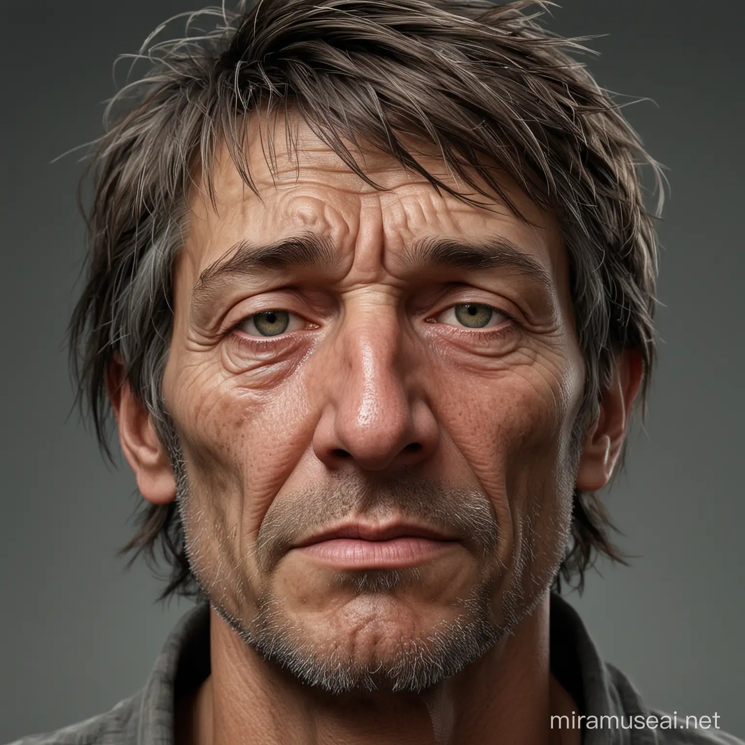 wrinkly face, realistic, high detail, full face, with hair, no shadows, man, ugly, soft jawline, gross, stinky, homeless, lots of wrinkles, no girlfriend, sad, skinny, no money, poor, no job, digusting