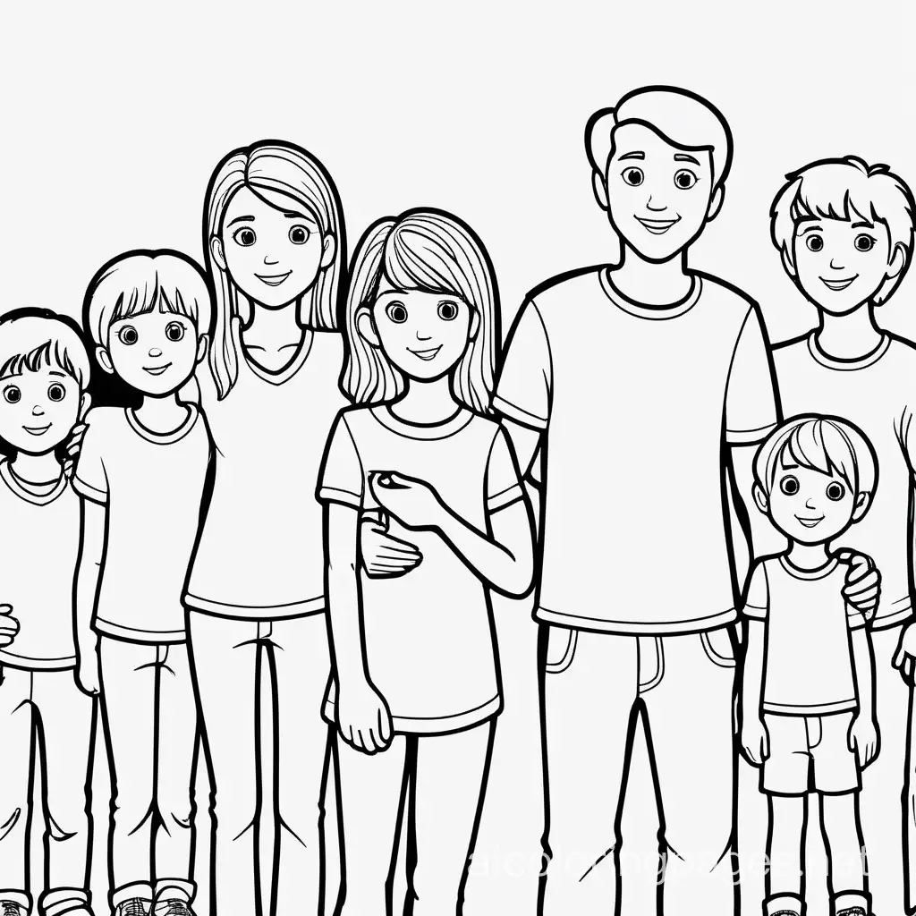 Family and youth support, Coloring Page, black and white, line art, white background, Simplicity, Ample White Space. The background of the coloring page is plain white to make it easy for young children to color within the lines. The outlines of all the subjects are easy to distinguish, making it simple for kids to color without too much difficulty