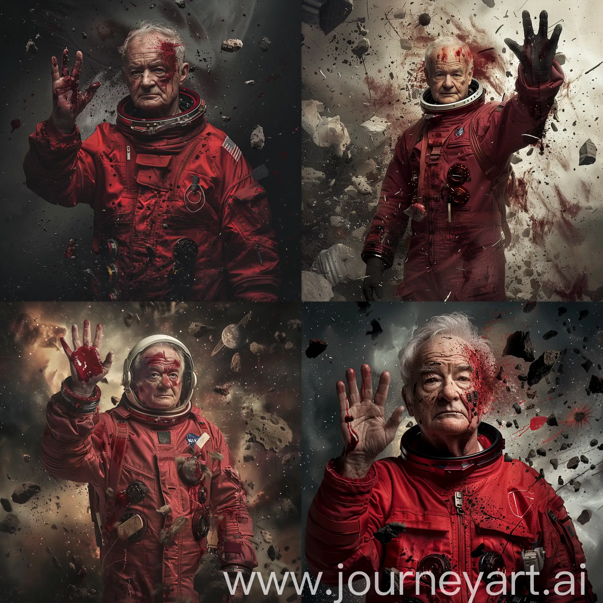 Bill Murray, clad in a crimson 1960's space suit, stands amidst the cosmic debris, blood splattered across his weathered face. Without a helmet, he defiantly holds up the hush hand gesture, a silent guardian amidst the vast unknown of the interstellar journey.