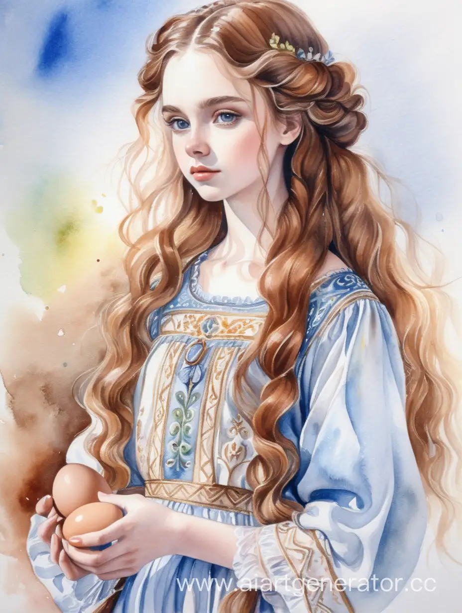 Soft-Watercolor-Portrait-of-a-Slavic-Girl-in-a-Long-Dress-with-Chestnut-Hair-and-Curls-Holding-a-Decorated-Egg