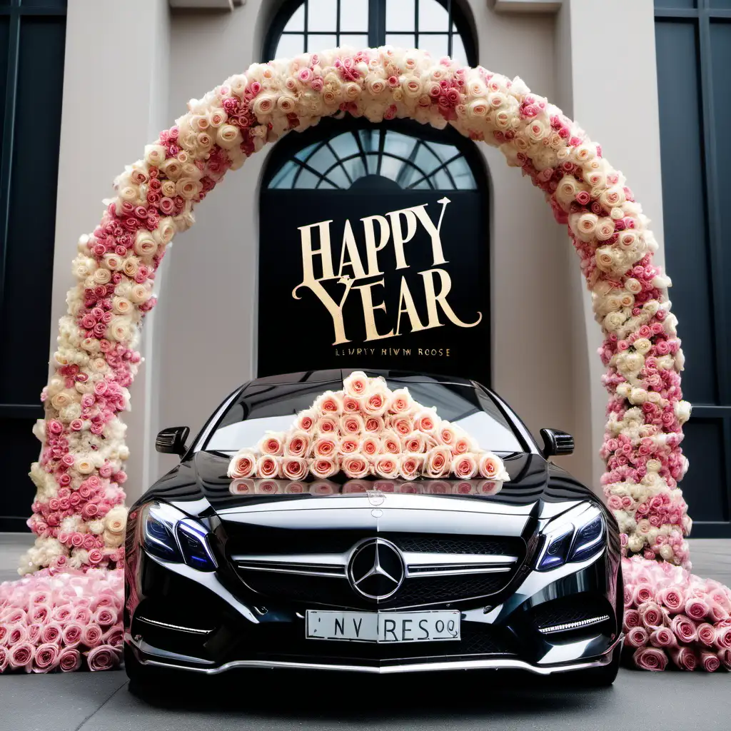 Happy new year sign with a Mercedes Benz and a bouquet with 300 roses luxury setting 