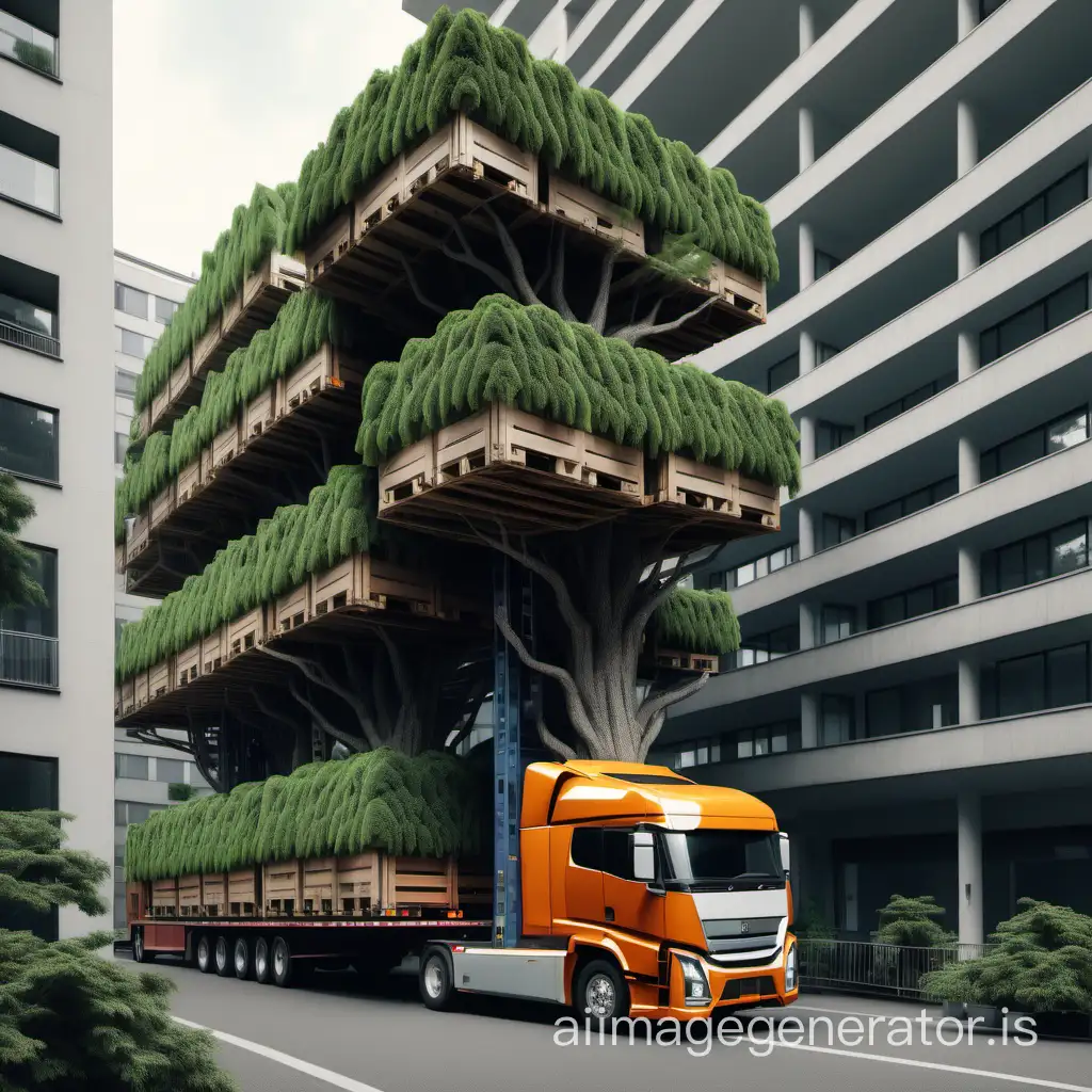 Downstairs in a residential building, many robots are transporting large and small trees from the upper floors to the lower floors, loaded in many trucks, realist style