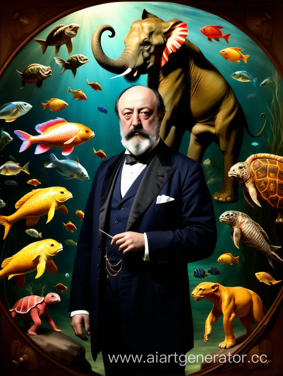 Портрет Камиль Сен-Санс человек в стиле произведения карнавал животных слон, лев, рыбки, черепахи