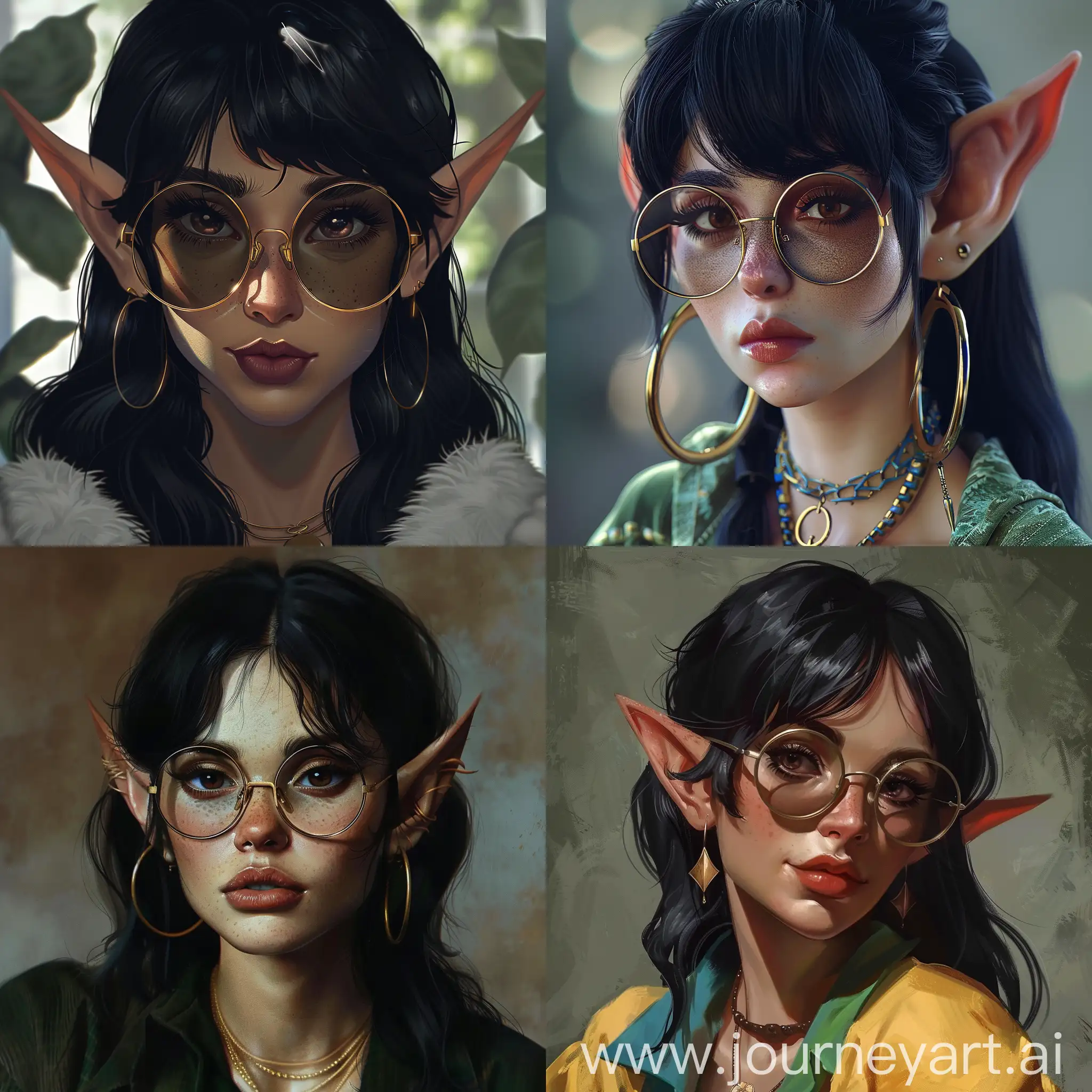 a female elf, black hair, round glasses, dark brown eyes, 80's style