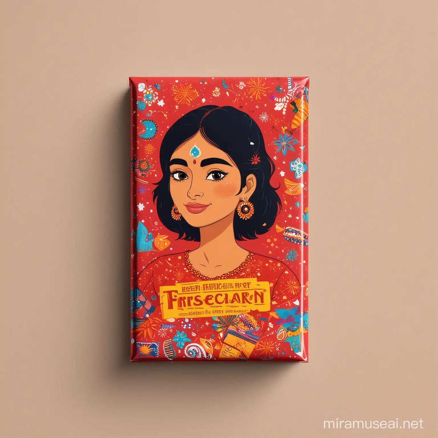 Firecracker packaging Indian design tacky, cheap design. with basic clip art, Indian woman, cheesy icons 