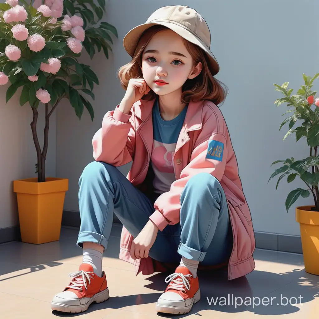 pop art picture, 15 yuear old girl, natural pose, spring clothes, full height, can sit, natural light, high detail, tenderness, Super Detailed Line Art, Sticker
