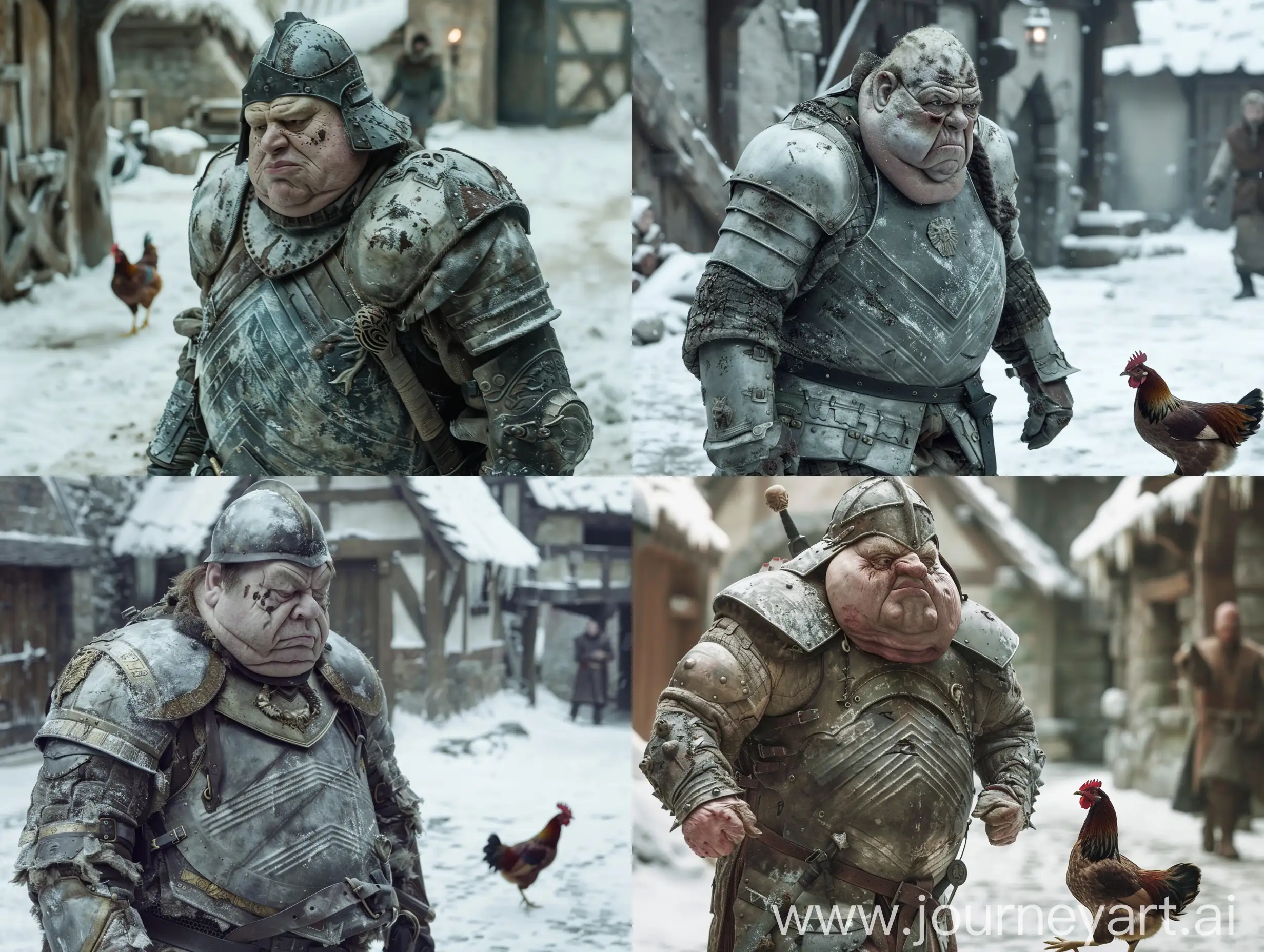 Ramsey Bolton in Game of Thrones series, Ramsey Bolton is very fat and has a very fat face and body, Ramsey Bolton is wearing his military armor and helmet as a soldier of Winterfell, Ramsey Bolton is in the snow-covered courtyard of Winterfell, Ramsey Bolton is looking for a chicken is, the chicken runs away from ramsey bolton, the camera follows fat ramsey bolton from the side, the camera catches him walking, witcher style, classic lighting, q2