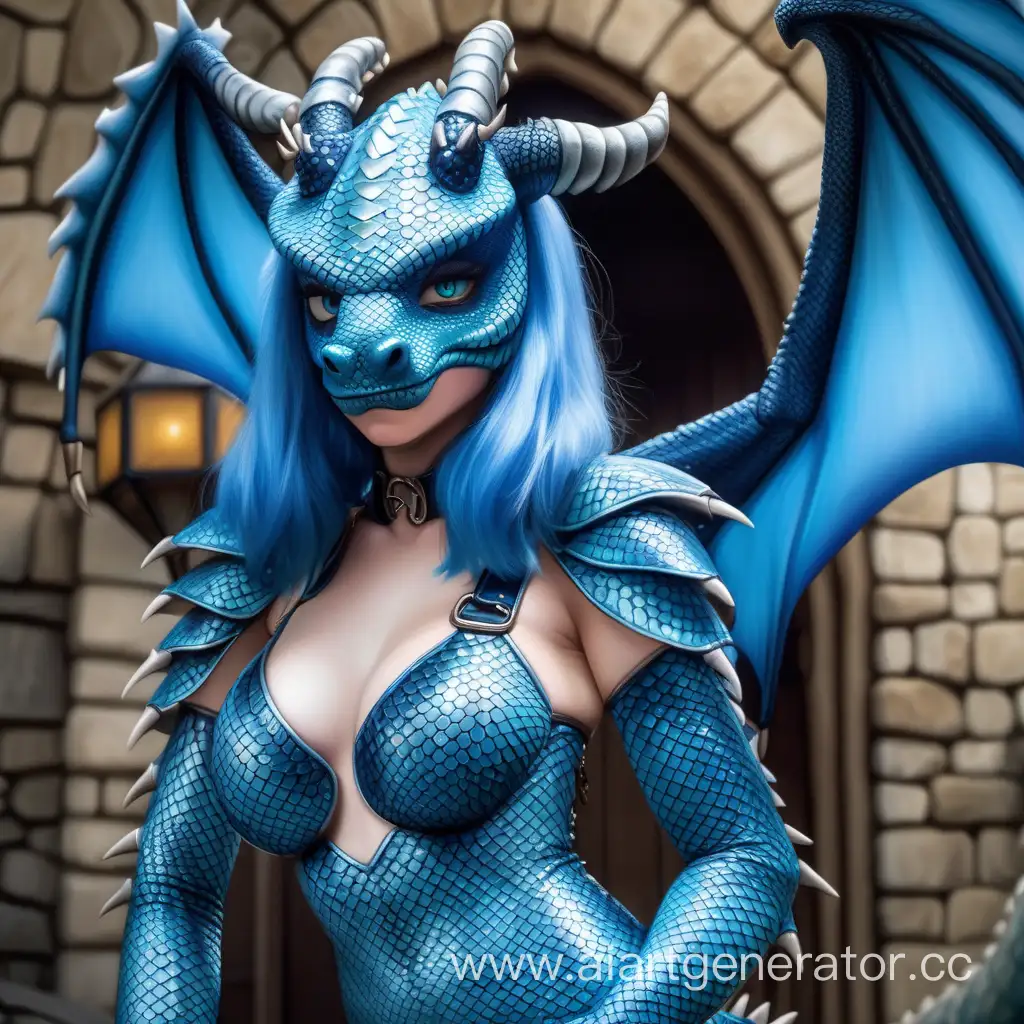 Латексная девушка фурри дракон покрытая чешуей с голубой латексной кожей с мордой дракона вместо лица. С большими крыльями