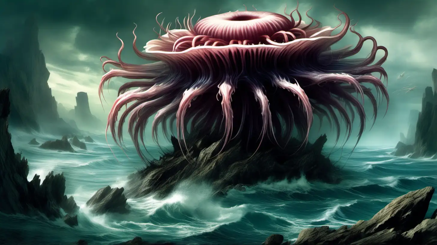 Fantasy landscap in the style of raymond swanland, giant sea anenome creature, on rocky island, with tentacles, and sharp teeth