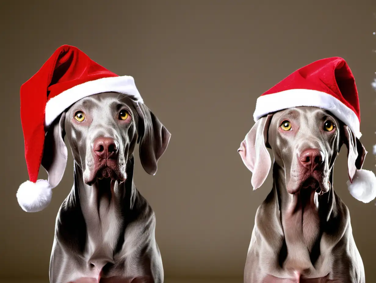 Two Weimaraner dogs in Santa hats
