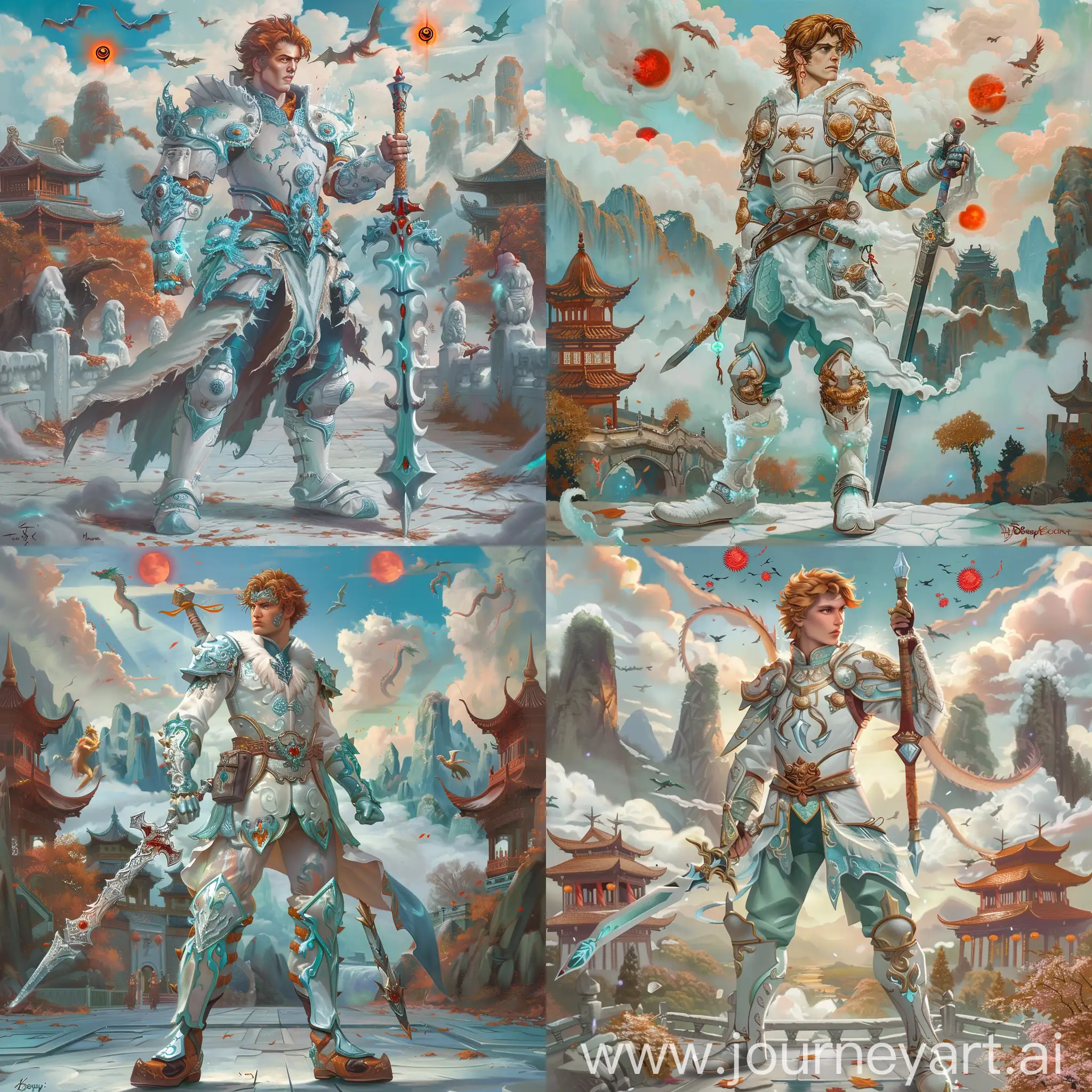 Historic painting style:

a Disney Villain, Prince Hans, he has brown orange hair, white and light blue color Chinese medieval armor and boots, he holds a medieval Chinese style sword in right hand, 

Chinese Guilin mountains and temple as background, evil iced dragons and three small red blood suns in cloudy sky.