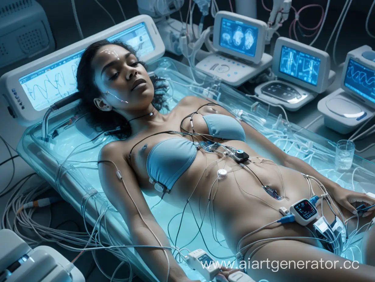 Adult woman lying down submerged  in a futuristic medical laboratory. Numerous EKG electrodes are placed on her chest and breasts, connected by wires. A probe connects a catheter inserted into her groin and drains fluid into a hose between her legs. She is wearing an underwire bra. Sensors are attached to her body to monitor her vital signs.