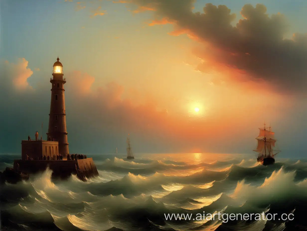 Море, красивый закат На фоне Маяк, Иван Константинович Айвазовский гиперреализм.