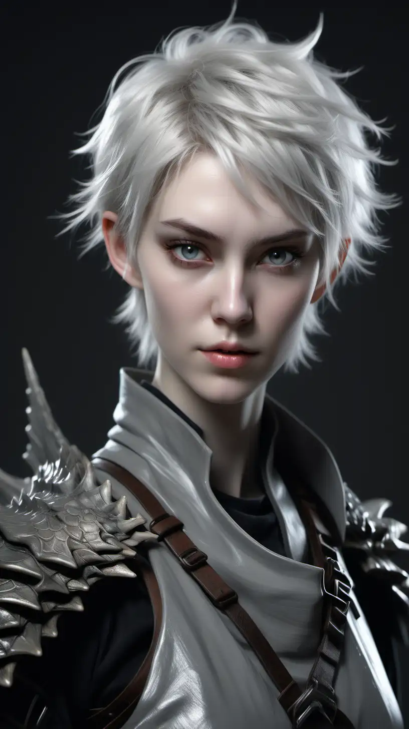 Photo realistic female nordic pretty young tall androgyn, fit, pale milky eyes, pale skin, short messy gray hair, half-dragon ronin