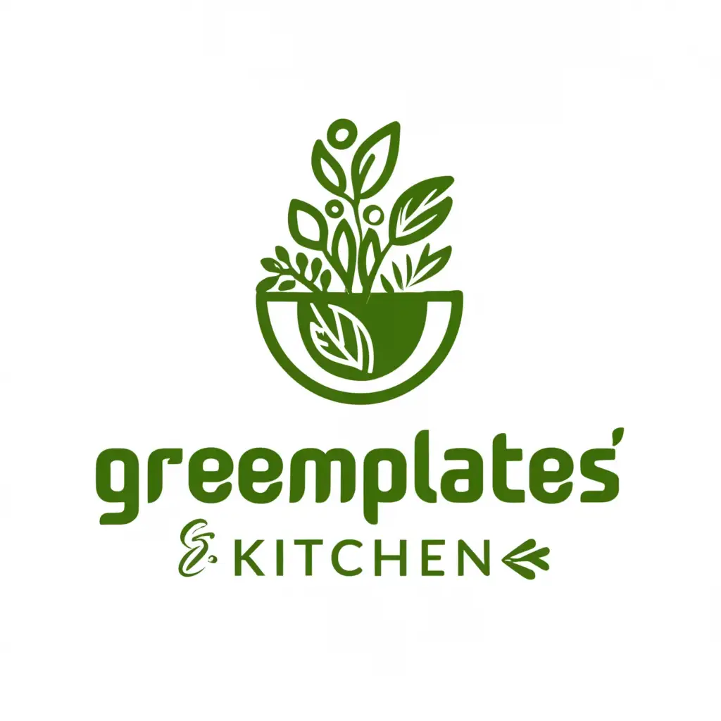 a logo design,with the text "GreenPlatesKitchen", main symbol:A green plate adorned with leaves from various plants, symbolizing plant-based cuisine.,Moderate,be used in Restaurant industry,clear background