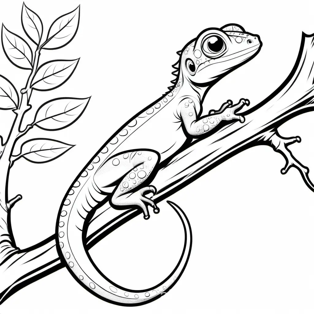A cartoon illustration in black and white line art, of  a Lizard on a branch. The style is cute Disney with soft lines and delicate shading. Coloring Page, black and white, line art, white background, Simplicity, Ample White Space. The background of the coloring page is plain white to make it easy for young children to color within the lines. The outlines of all the subjects are easy to distinguish, making it simple for kids to color without too much difficulty, Coloring Page, black and white, line art, white background, Simplicity, Ample White Space. The background of the coloring page is plain white to make it easy for young children to color within the lines. The outlines of all the subjects are easy to distinguish, making it simple for kids to color without too much difficulty