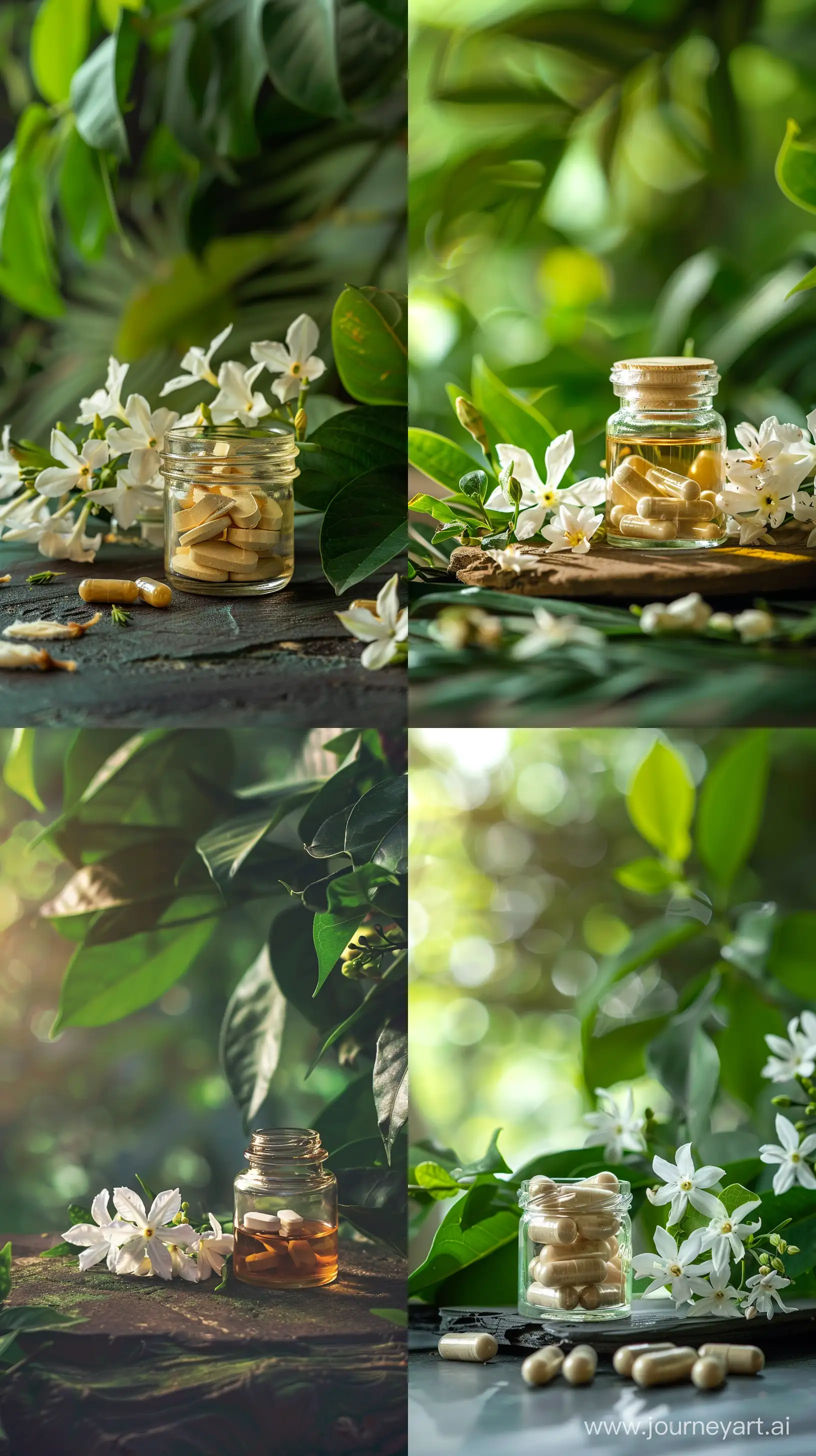Realistic images depicting Indian medicine in a small glass jar of medicine with some jasmine flowers on its side, intricate details, 8k quality images, greenery background --ar 9:16 --v 6
