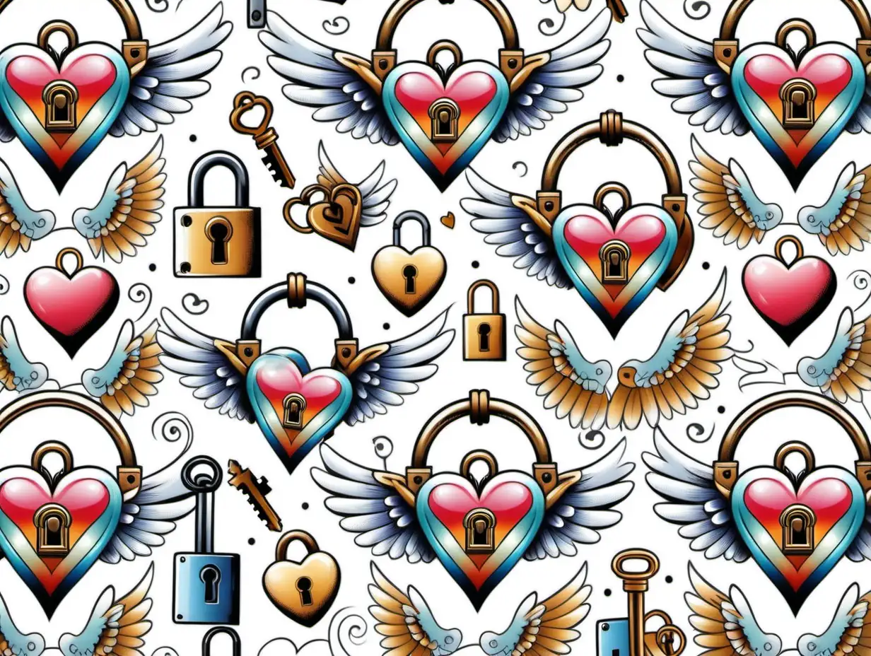 Pattern seamless small,  Oldschool tattoo Design, heart, wings,  angel sweet, flower, padlock, key, colorful, white backround 
