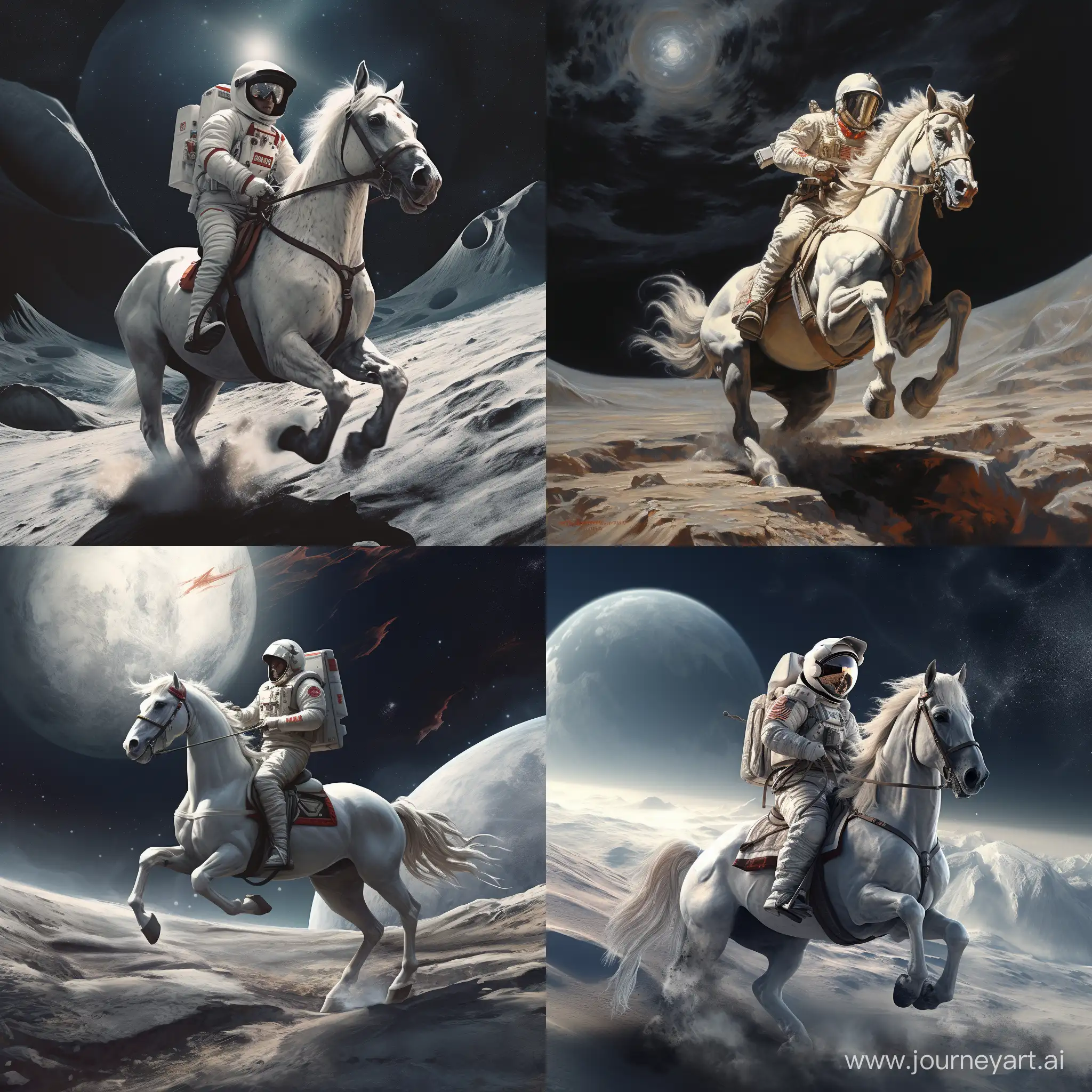 an austronaut riding a white horse on a moon