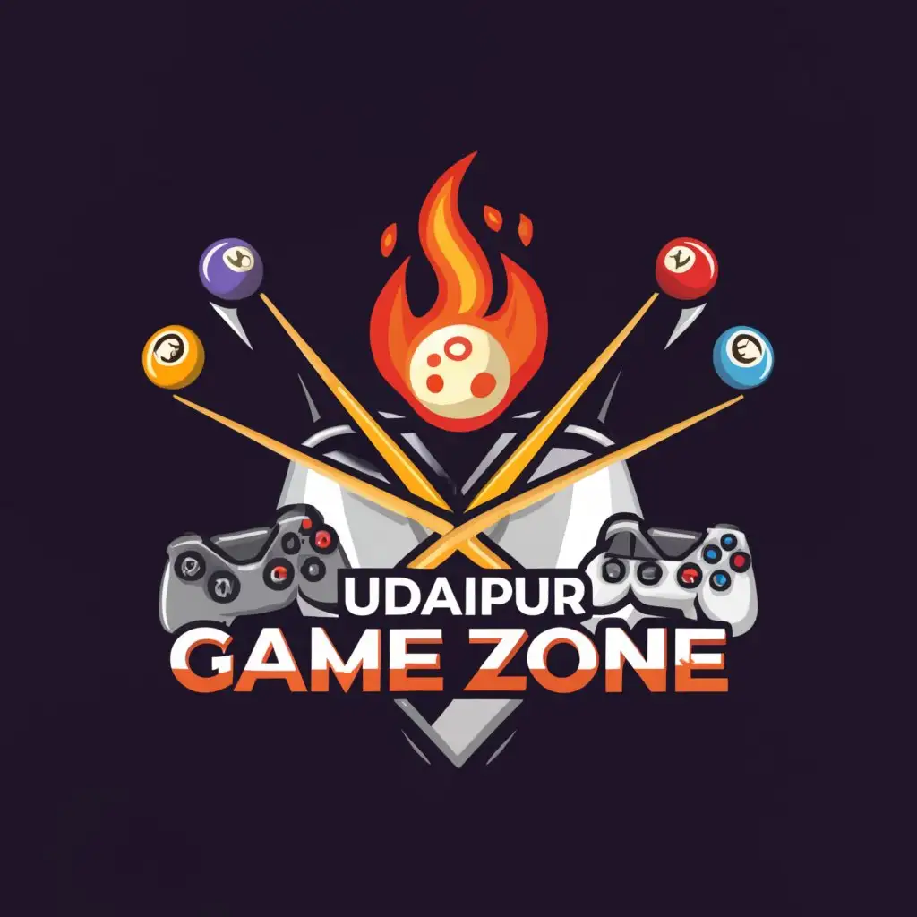 a logo design,with the text "Udaipur Game Zone", main symbol:snooker cue sticks, fireball, game console,Moderate,be used in Events industry,clear background
