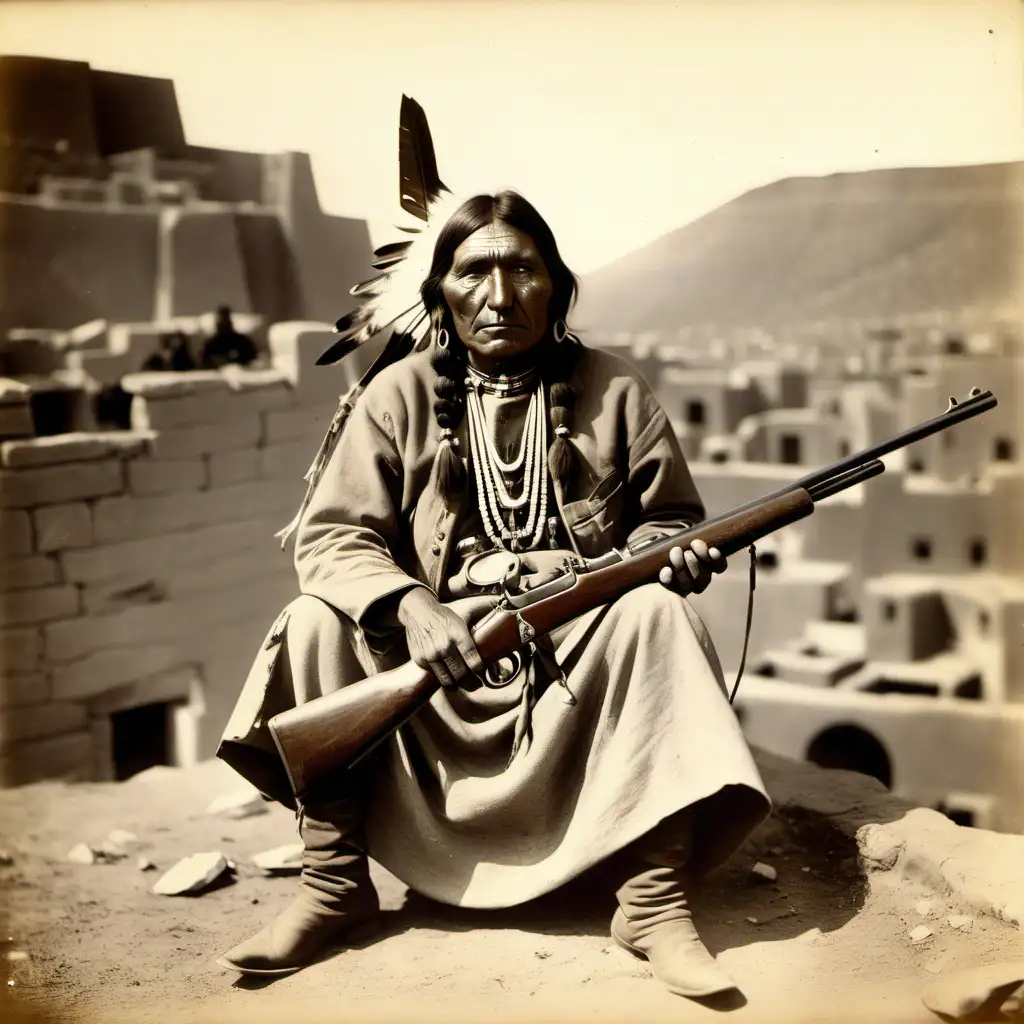Historic Portrait Native American Pueblo Pose with Winchester Rifle
