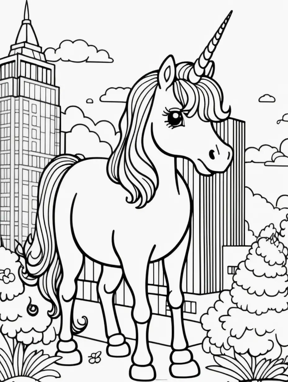   b/w outline art for kids coloring book pages unicorn themed, coloring pages: Unicorn at a building, few elements (((((white background))))). Only use outline, cartoon style, line art, coloring book, clean line art, line art, few elements
