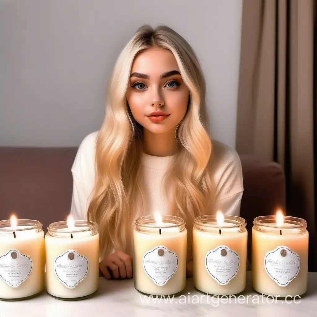 Could you please create a young beautiful blondie girl with brown eyes who is social media influencer. She has a candle brand. She is producing handmade candles,she also prepares wedding, baby shower and newborn gifts.