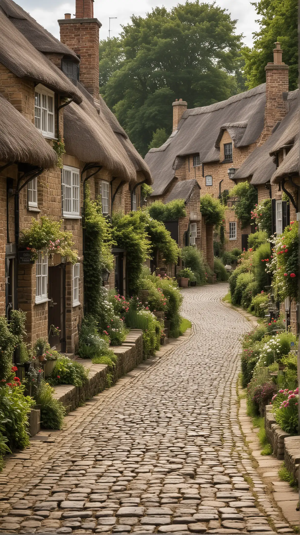 A quaint English village in the 18th century with cobblestone streets and thatched roof cottages.