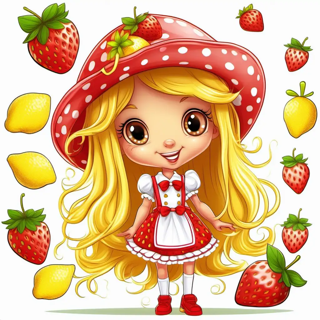 Cheerful Cartoon Illustration of Strawberry Shortcake Lemon Girl with Long Hair and Bonnet on White Background