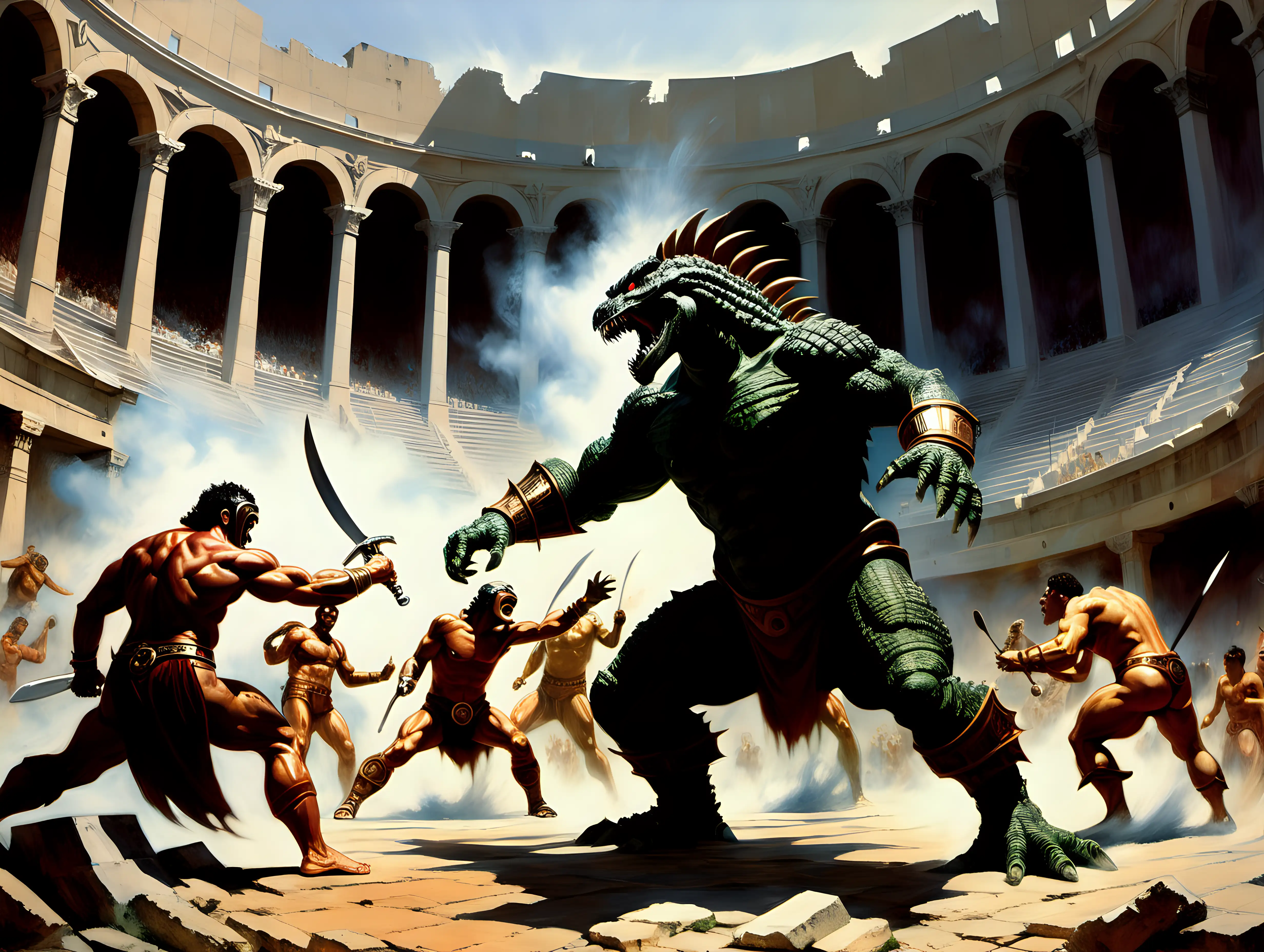 Gladiators fighting Godzilla in ancient Greek coliseum Frank Frazetta style
