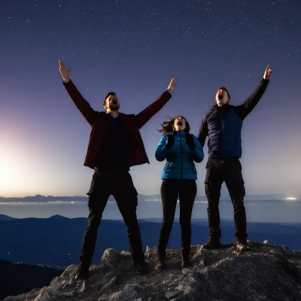 Grant, Eleni and Tom standing on a mountain screaming at the stars