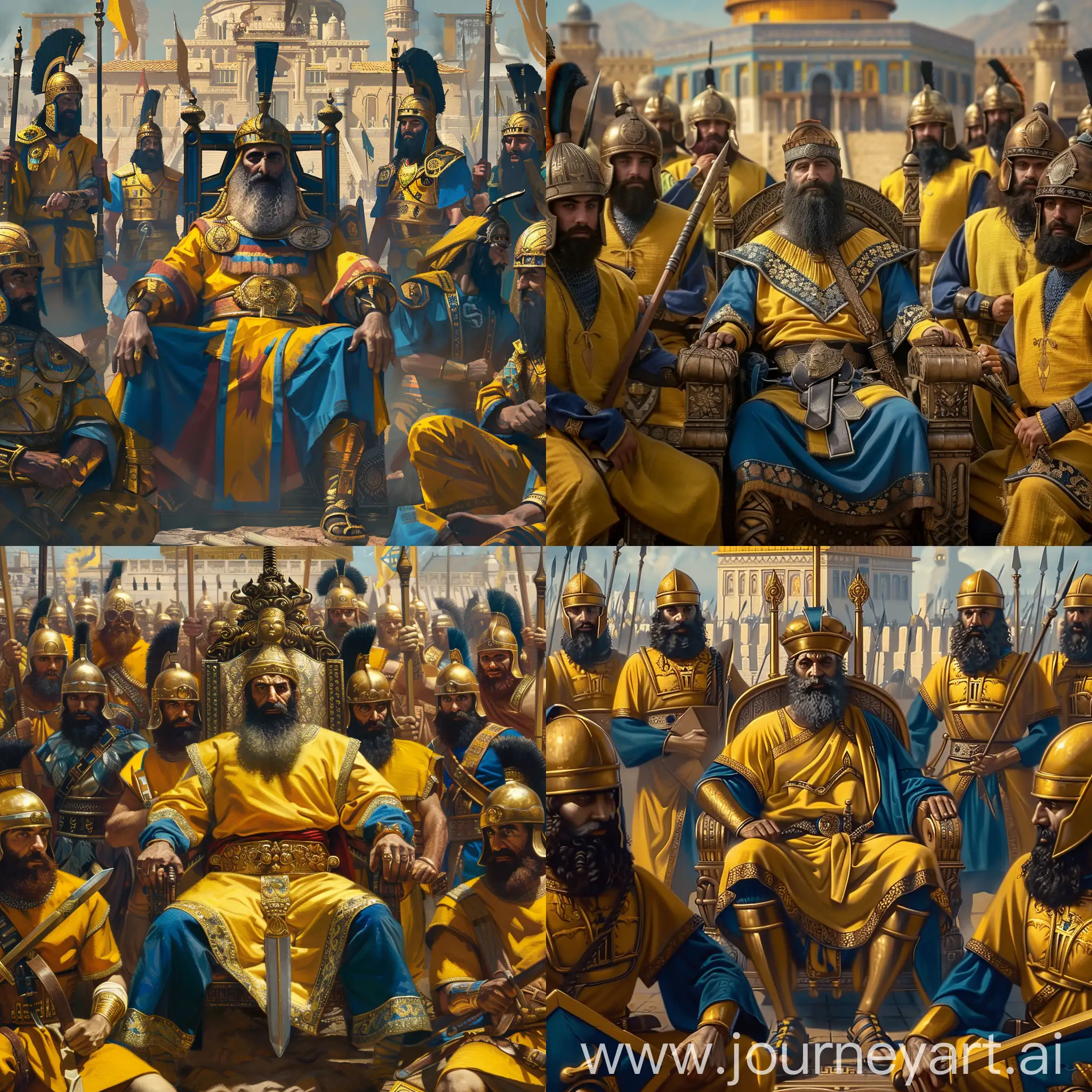 a middle-aged Hebrew king Solomon is sitting on his imperial throne in the middle, he has Hebrew style beard and Hebrew imperial costume,

other Hebrew warriors are in yellow and blue color armor, they hold bronze swords or spears in hands, they have Hebrew helmets and black beard, they stand around the king,

they are all before Jerusalem Temple, other Hebrew palaces as background,