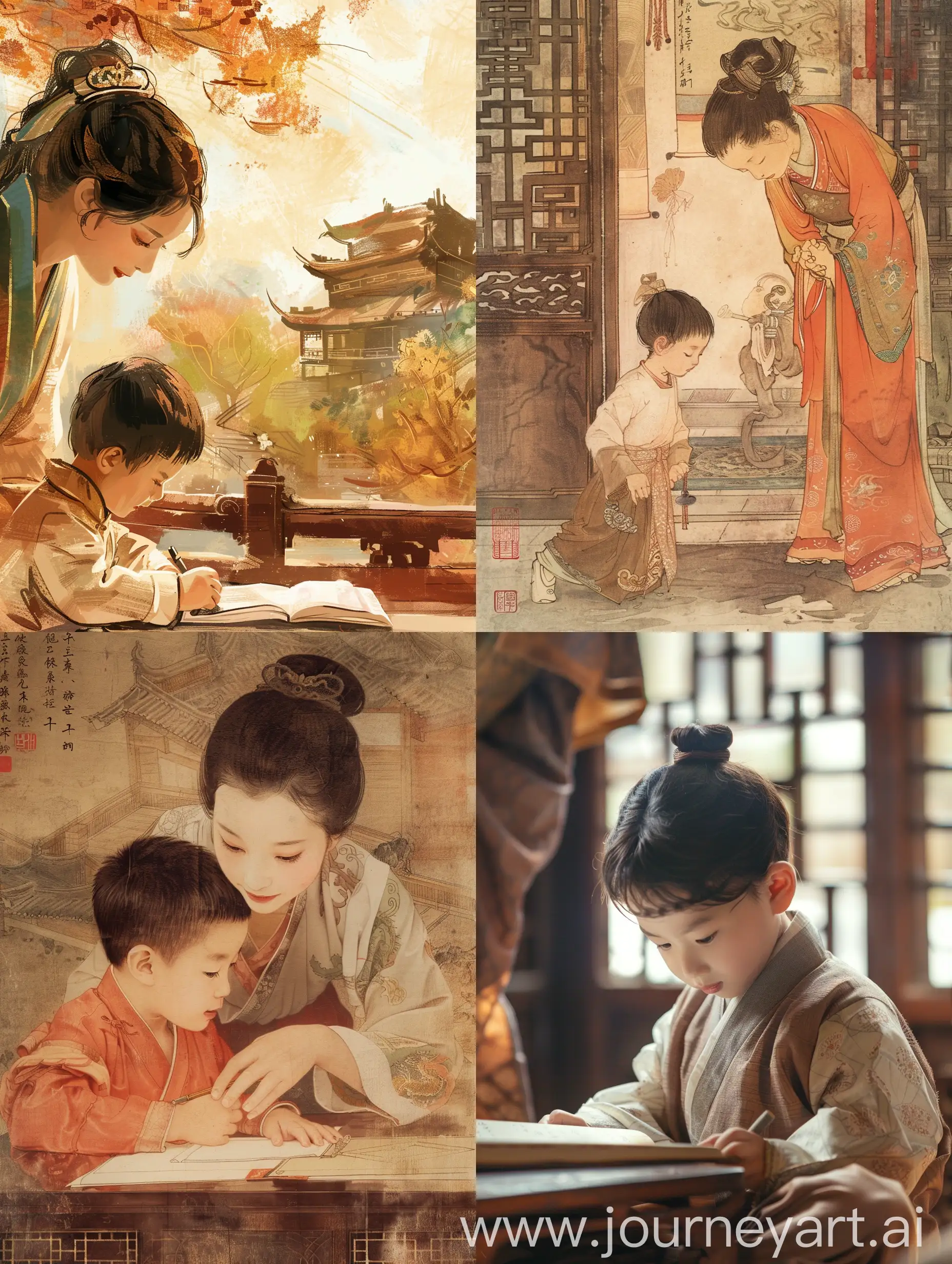 Traditional-HanFu-Mother-and-Son-Studying-Antique-Architecture