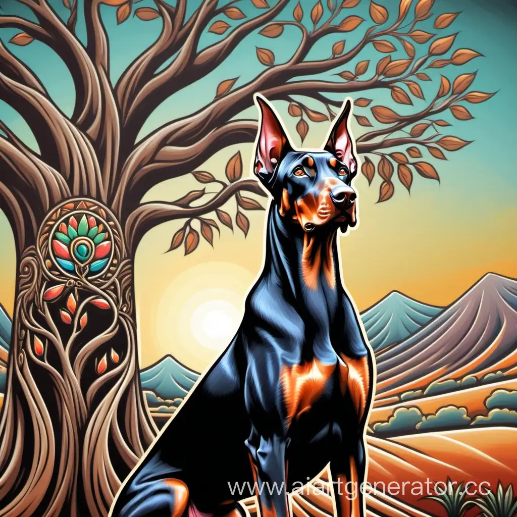 Majestic-Doberman-Gazing-into-the-Distance-with-ChicanoInspired-Tree-of-Abundance-Background