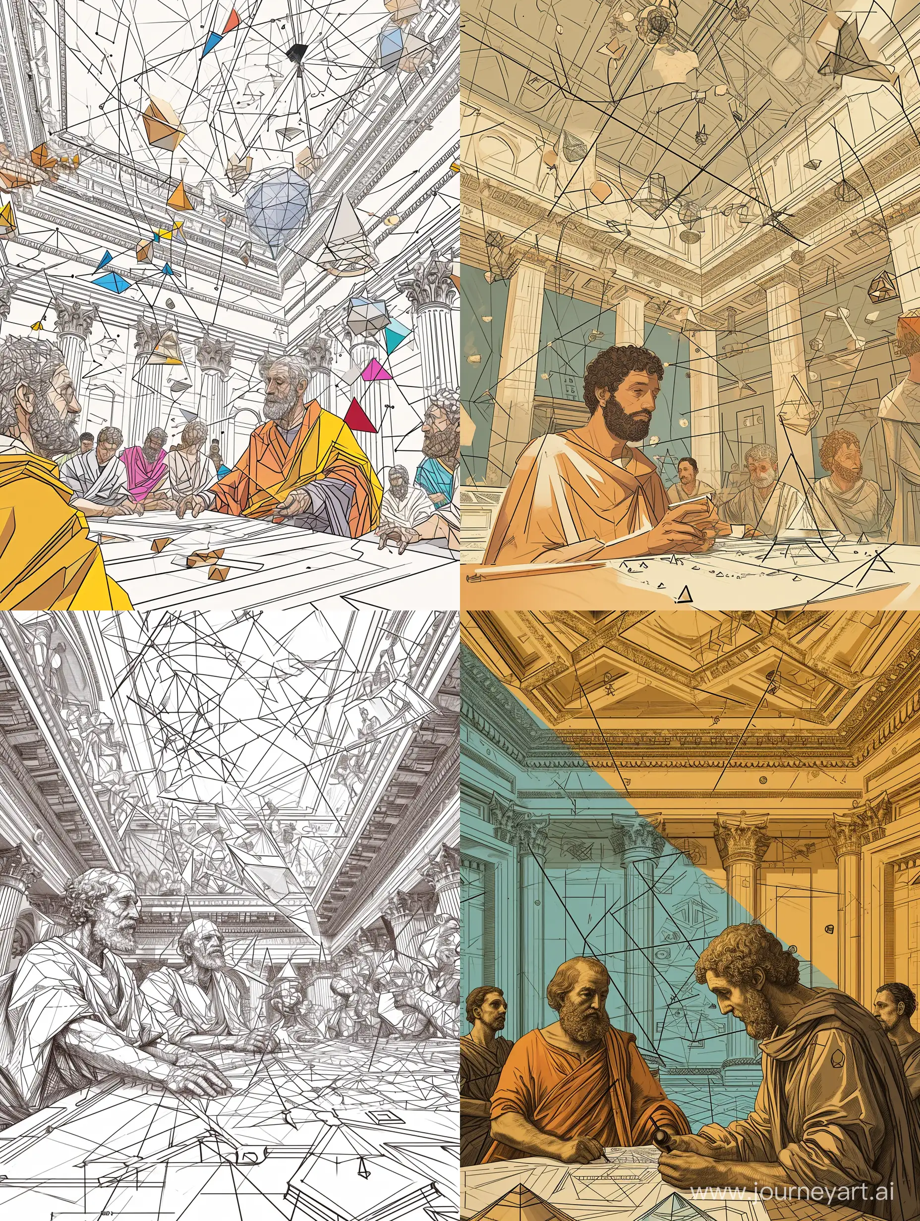 Generate a visually striking scene, depicting Euclid instructing peers in Euclidean Geometry within a Baroque building. Employ thin black lines in the Raphael style . Euclid should be rendered adopting a Raphaelite style as he examines geometric figures. Zoom in on Euclid for emphasis. Populate the background and ceiling with diverse geometric elements such as triangles, squares, theorems, circles.