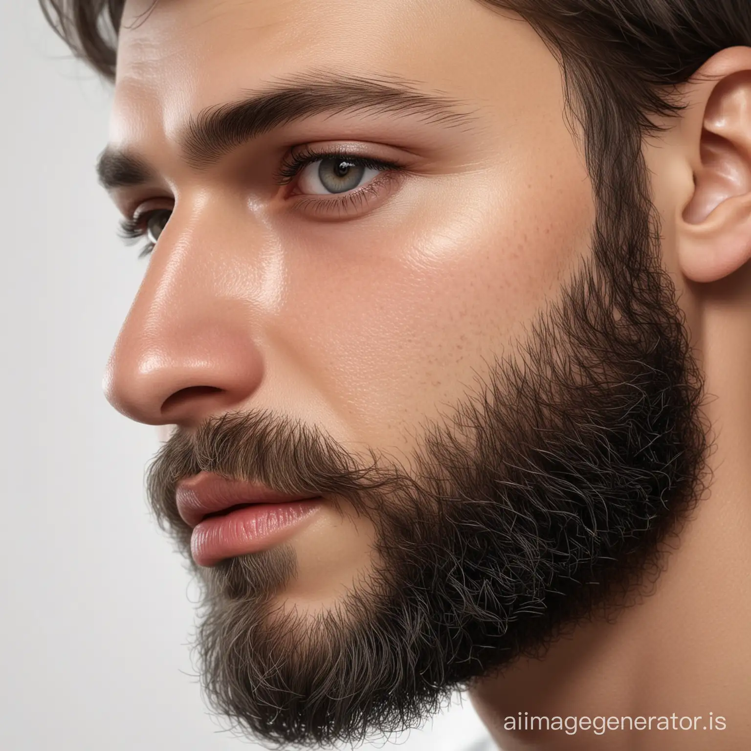 Photorealistic picture of the profile of a young Slavic-looking man with gray eyes, thick beard, and sensual lips on a white background Despite the severity of his features, there is a hint of softness in the curve of his lips, a fleeting smile.