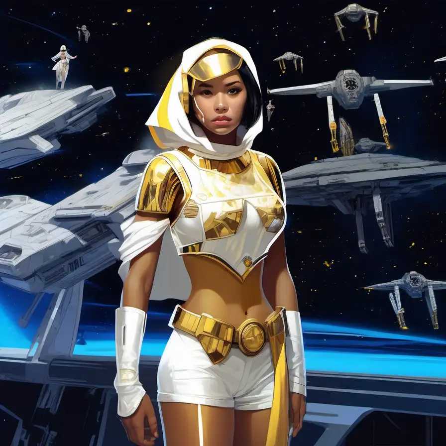 pretty young woman, yellow skin, white gold clothes, shorts, veil, Star Wars art