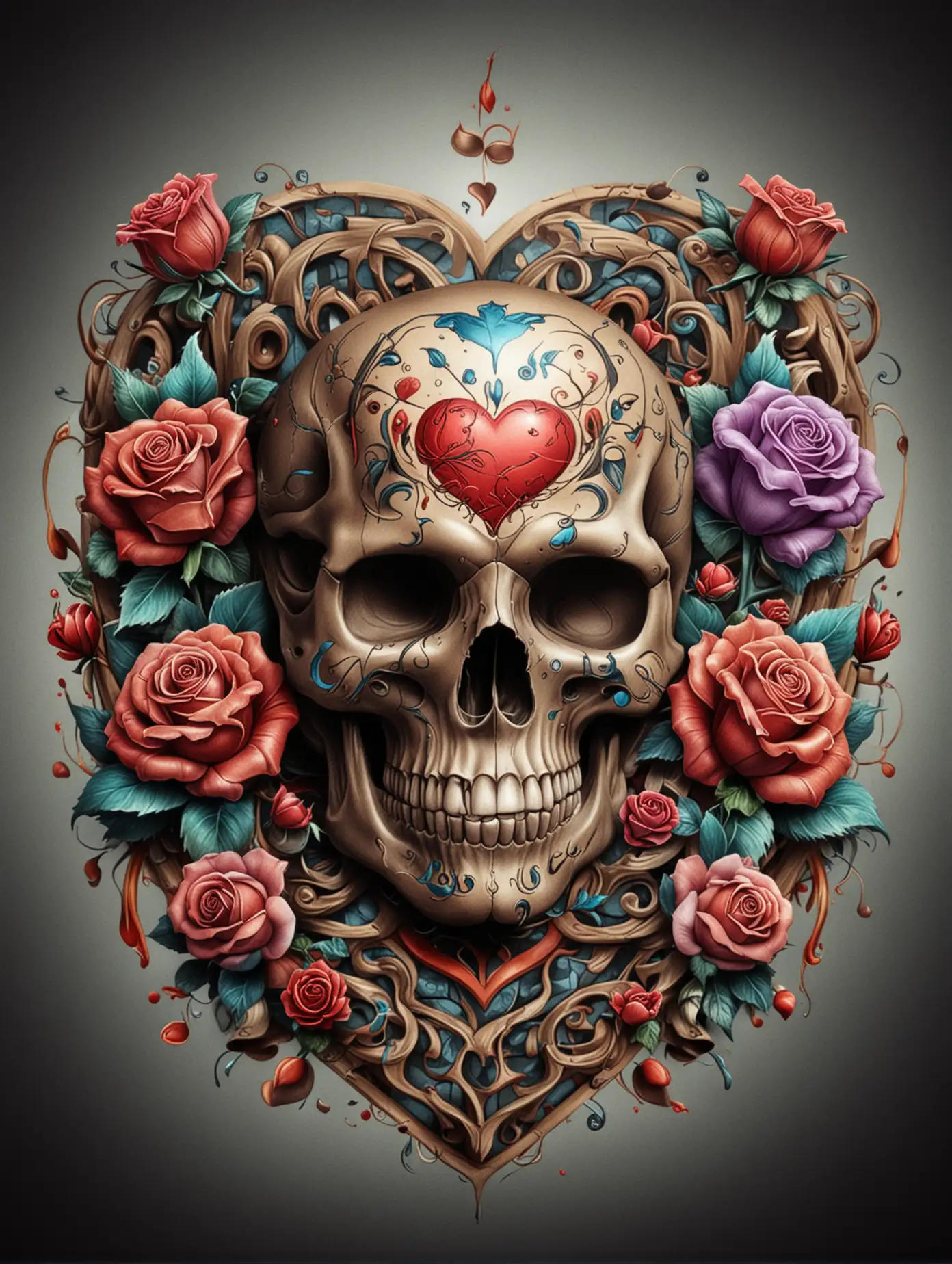 Skull, heart, roses, oldschool tattoo design, 3 d, colorful