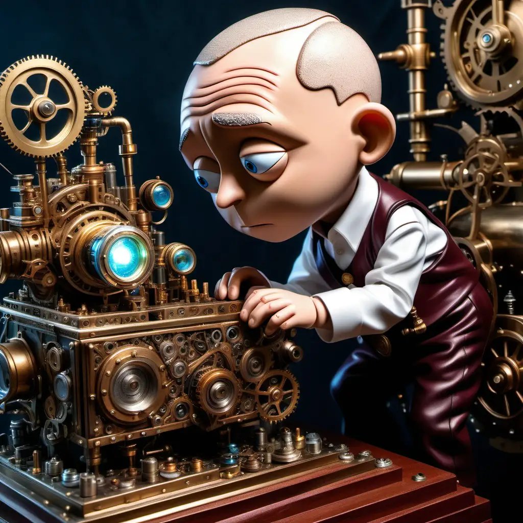 stewie griffin from the family guy working on his time machine with bryan, steampunk, Crepuscular Rays, insanely detailed and intricate, hyper-maximalist, elegant, ornate, hyper-realistic, super detailed