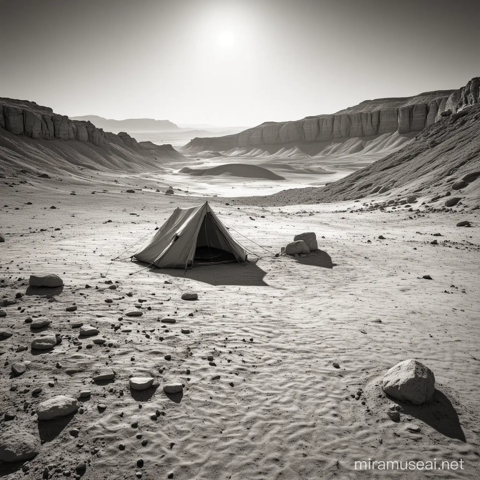 a simple dlack and white pencil drawing of an isolated camping tent in the Ramon crater in the Negev desert in Israel. no plants at all, only sand and rocks. there is a small scorpion near the enterance of the tent. hyper reality. horror style
