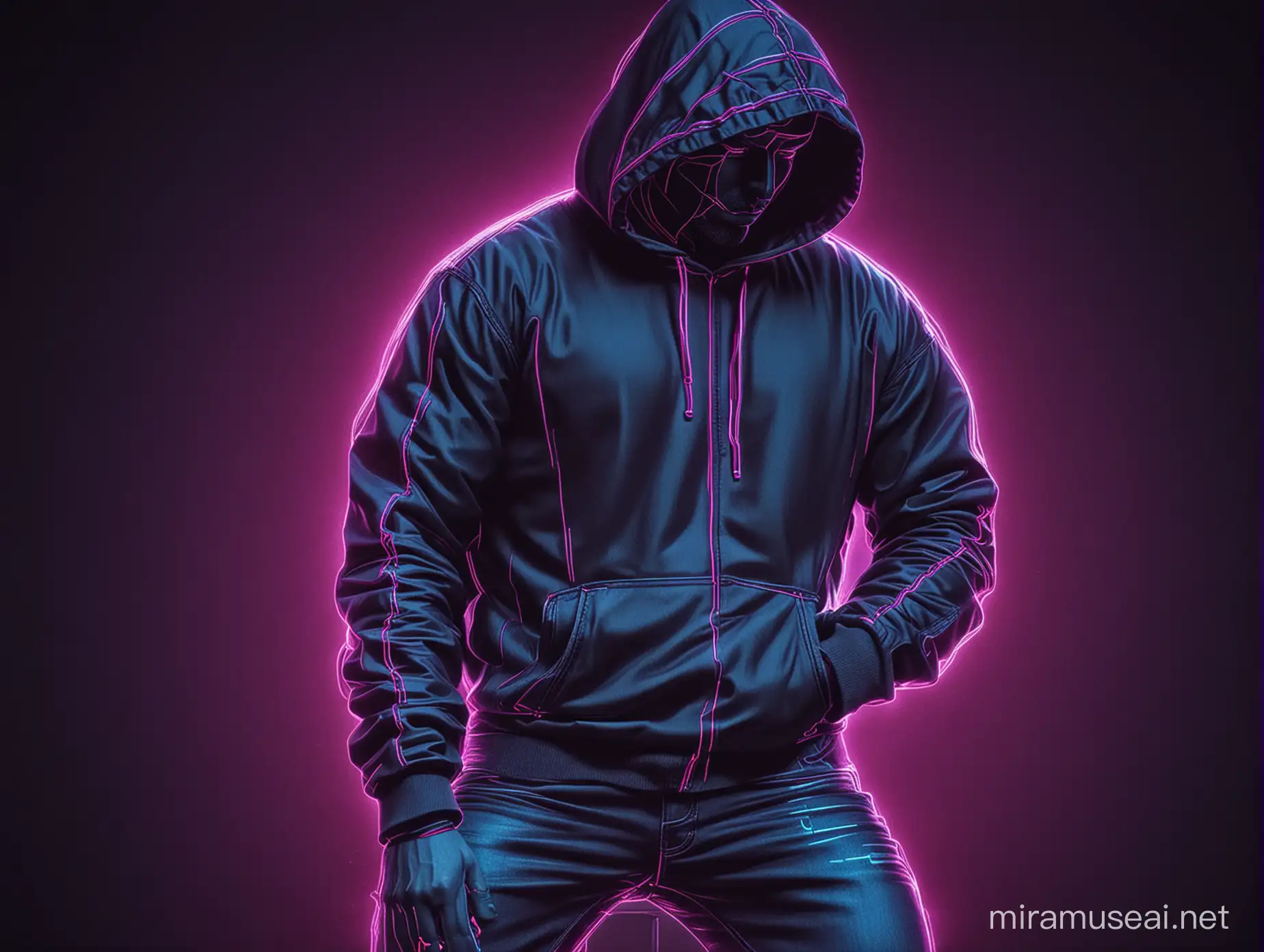 create a figure of a man in jeans and a hoodie using thin neon lines on a dark background, in synthwave style