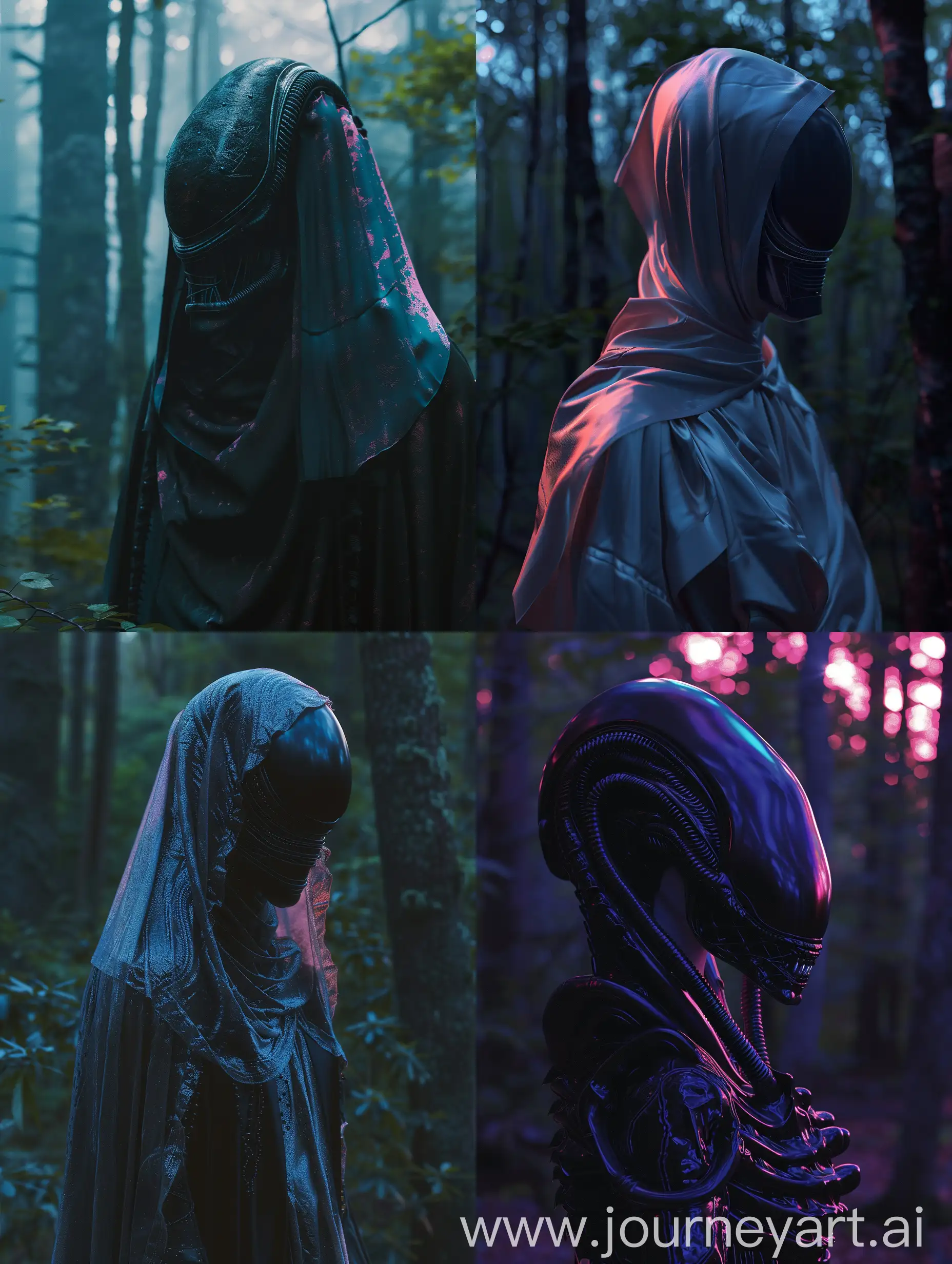 Macabre, xenomorph, darkness, close up potrait, realistic, high detailed, with subtle pink and blue gradients, Moonlight enveloping attire in forest