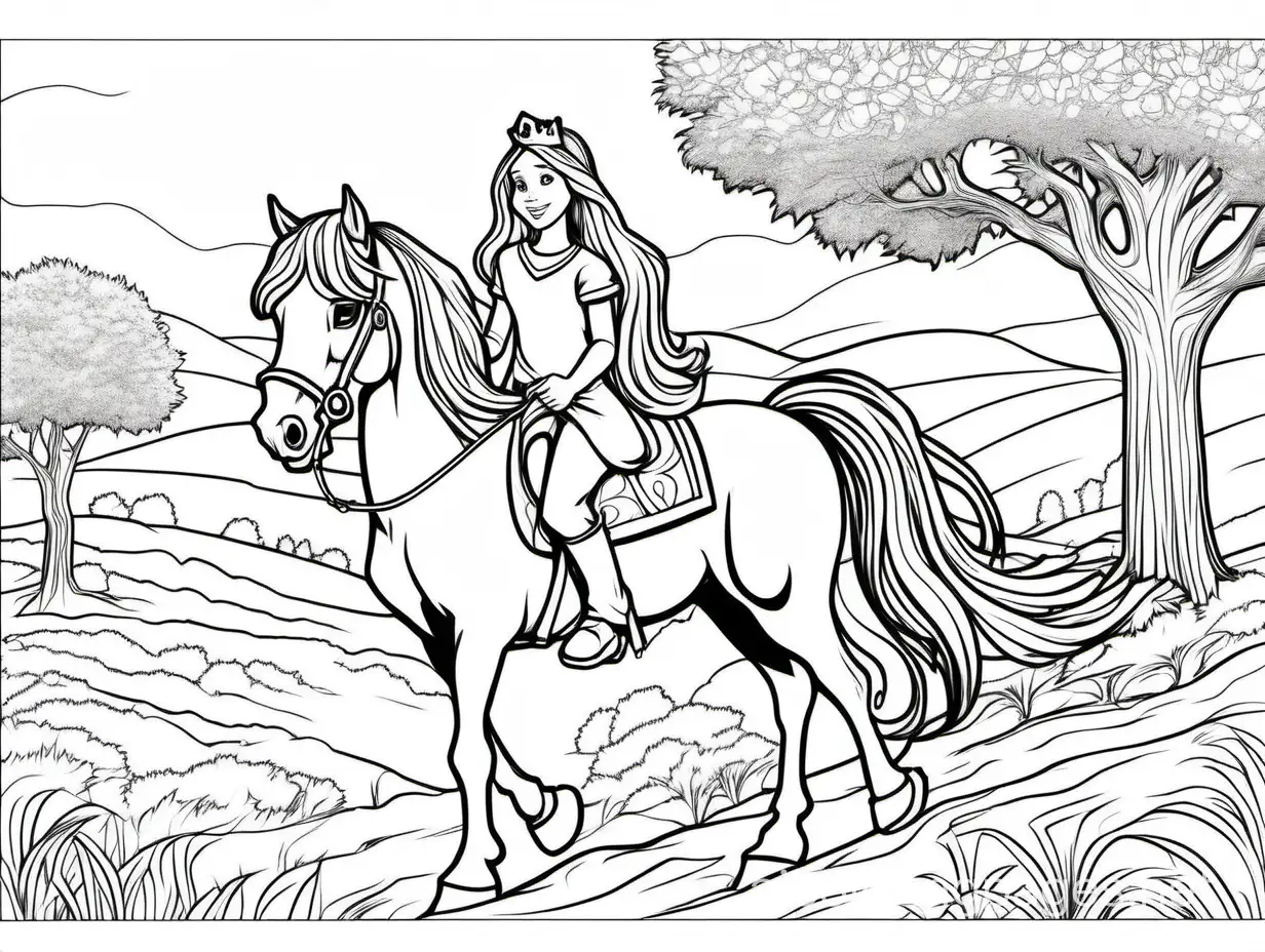 A long haired princess, wearing a crown and pants, riding a horse on a dirt road, with a large tree in the background., Coloring Page, black and white, line art, white background, Simplicity, Ample White Space. The background of the coloring page is plain white to make it easy for young children to color within the lines. The outlines of all the subjects are easy to distinguish, making it simple for kids to color without too much difficulty