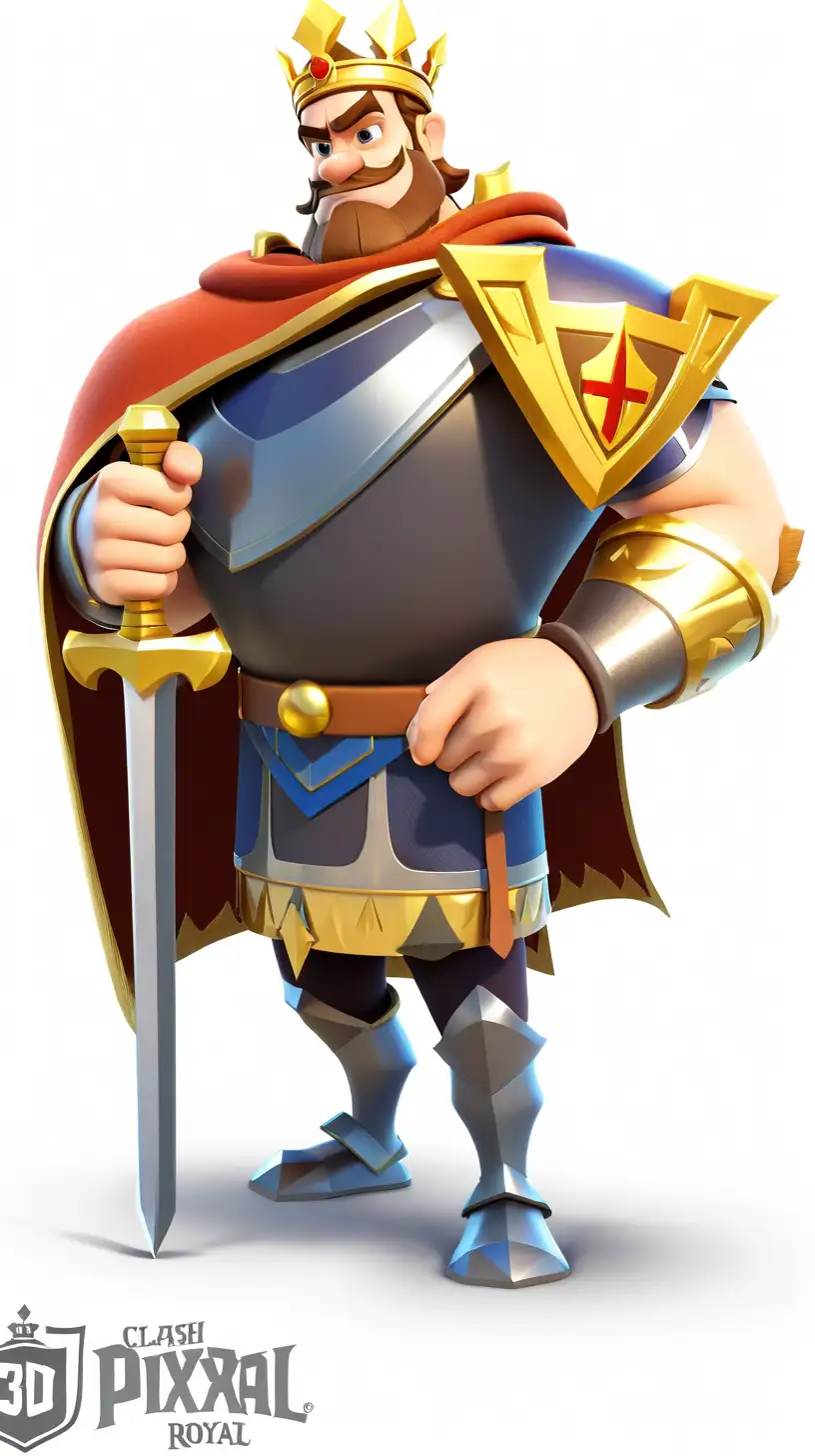 A full body of an old king in golden armor with a blue cape, holding the symbol of his kingdom in one hand and a gold hammer in the other, with a simple facial expression, in the style of 3D character for clash royal game, on a white background, in a cartoon style, in the style of Pixar art, with a simple design.