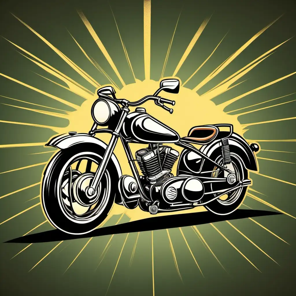 Vintage-inspired motorcycle, 
 rendered in a classic retro comic book 
style, 
inviting lighting, T-shirt design graphic, vector, 
contour, flat black background.