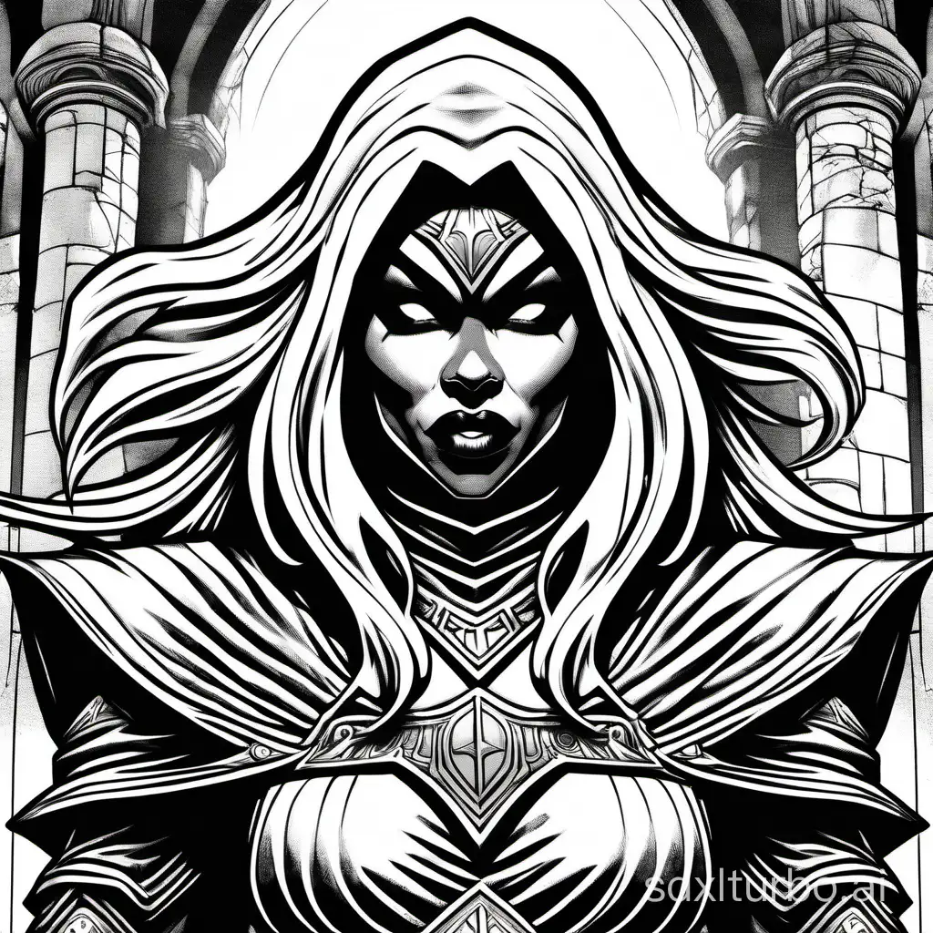 comic line art, drow rogue, black skin, white hair, in a temple, exaggerated expression, close up, vintage black and white ink, 2bit vector, high contrast, heavy lines, loose thick lines, exaggerated visible crosshatching, black frame, lowres, abstract, low detail, very simple and subdued background, fantasy, style of classic AD&D, by Jeff Dee, by Erol Otus, by Larry Elmore, by Jeff Easley,