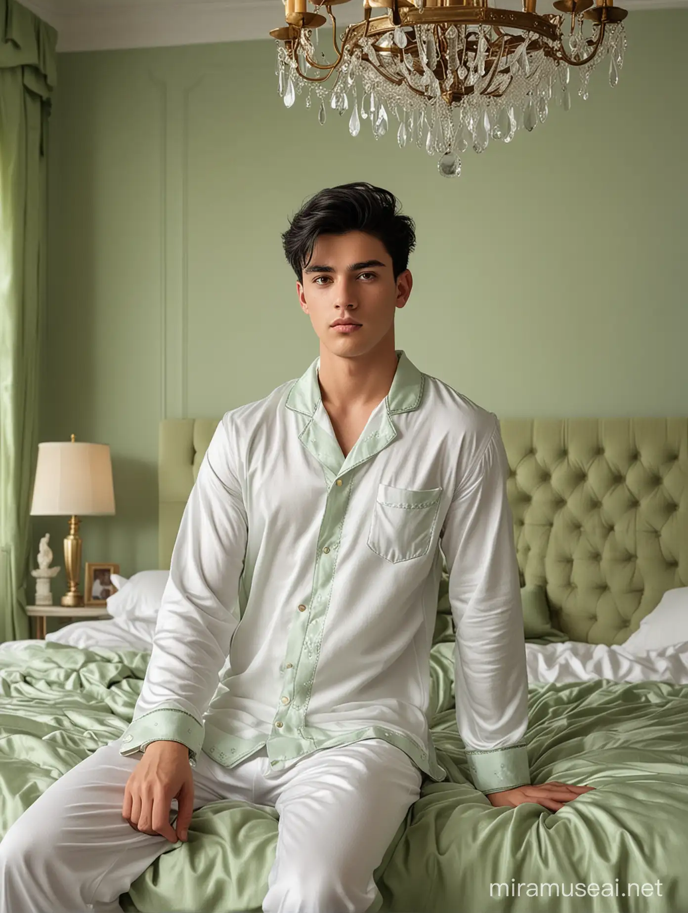 Luxurious SageColored Room Handsome Teenager Resting in WhiteGreen Pajamas