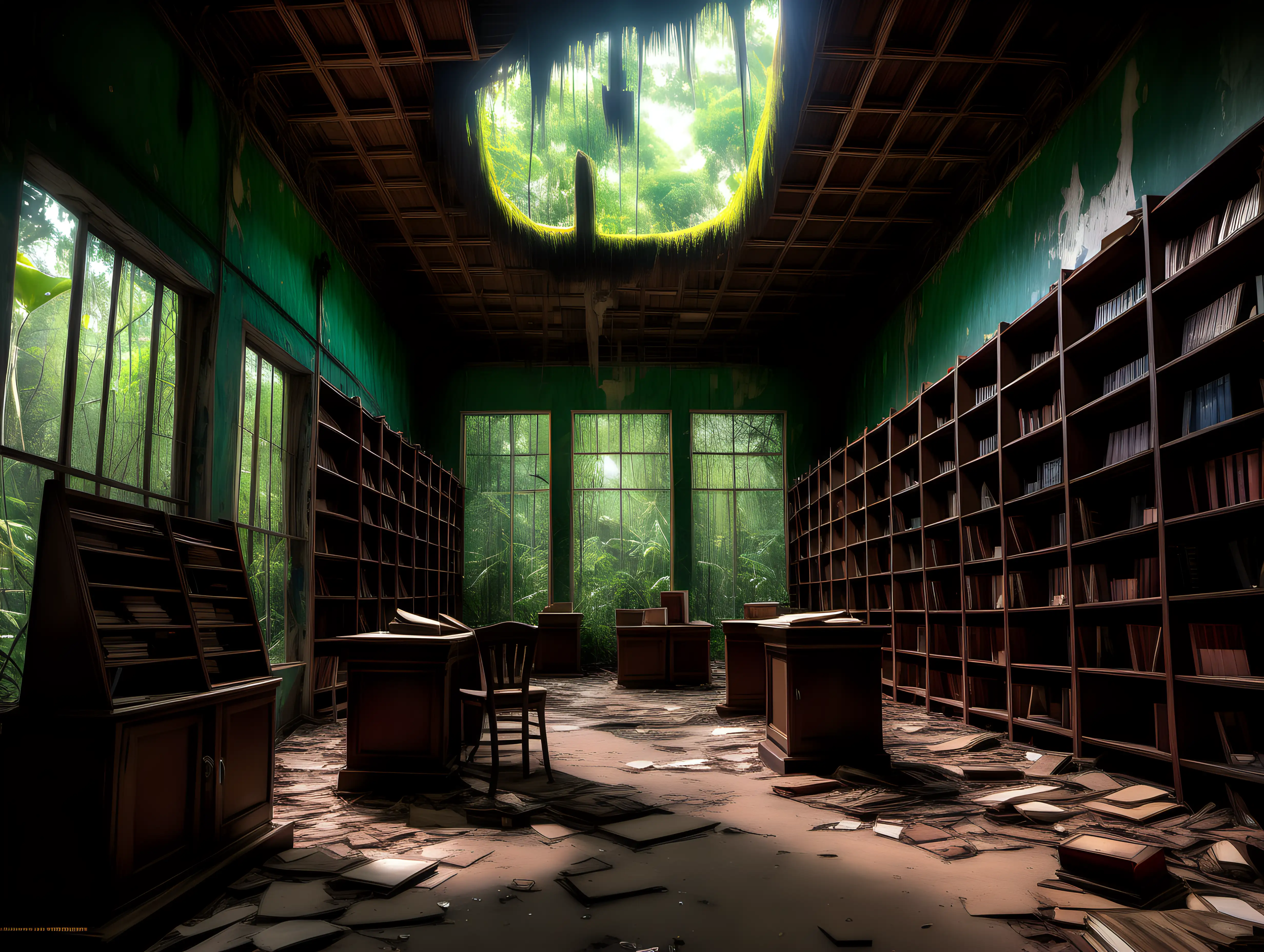 Exploring an Abandoned Amazon Library in Frank Frazetta Style